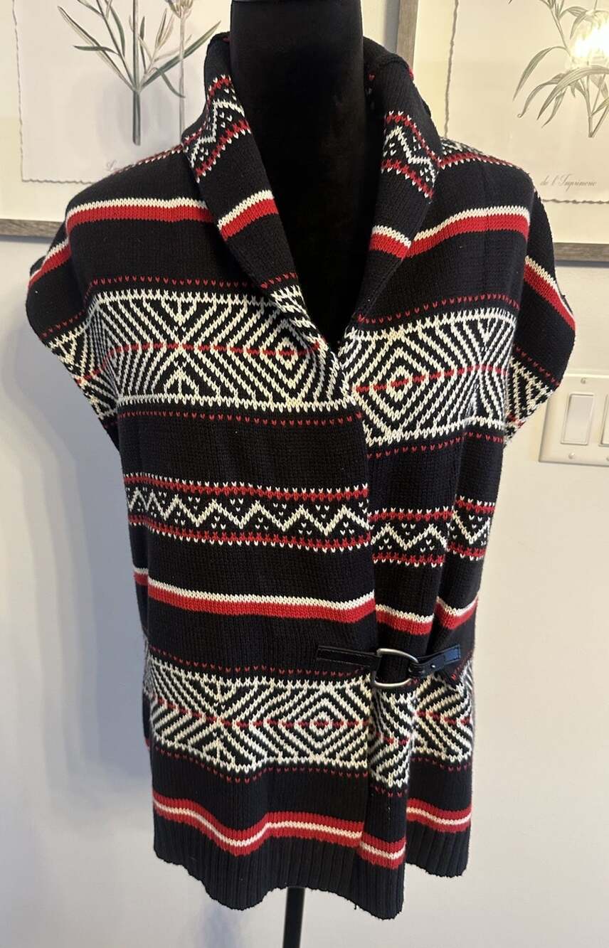 Chaps Denim Cardigan Sweater Vest Large Aztec Red White Black Pattern Southwest